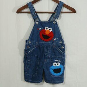 Vintage Sesame Street Toddler Overalls 4T Elmo Cookie Monster Denim Shorts